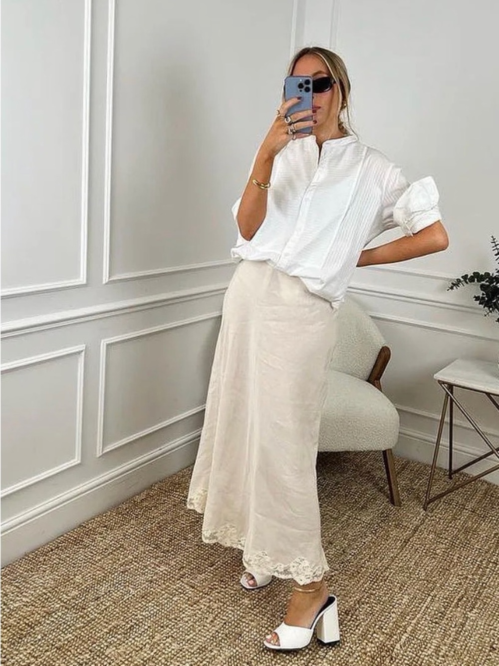 RIXO Cream Maxi Skirt with Lace Hem